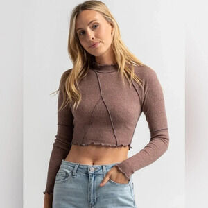 RSQ Baby Tee Long Sleeve Crop Top Mock Neck Brown Tee Exposed Seam